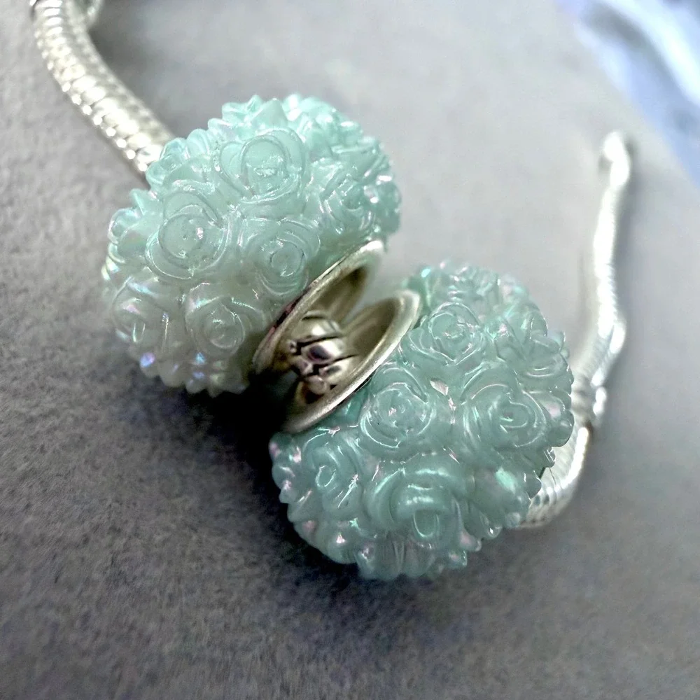 2 PCs Mint Green Iridescent Rose Flower Beads Floral Charm fits PANDORA